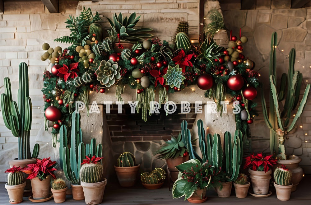 Kate Christmas Backdrop Wild West Green Cactus Brick Fireplace Designed by Patty Robert