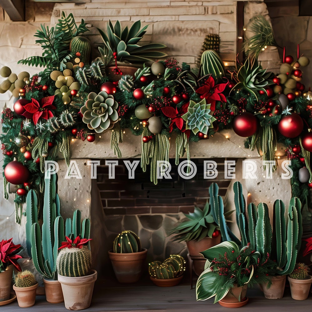 Kate Christmas Backdrop Wild West Green Cactus Brick Fireplace Designed by Patty Robert