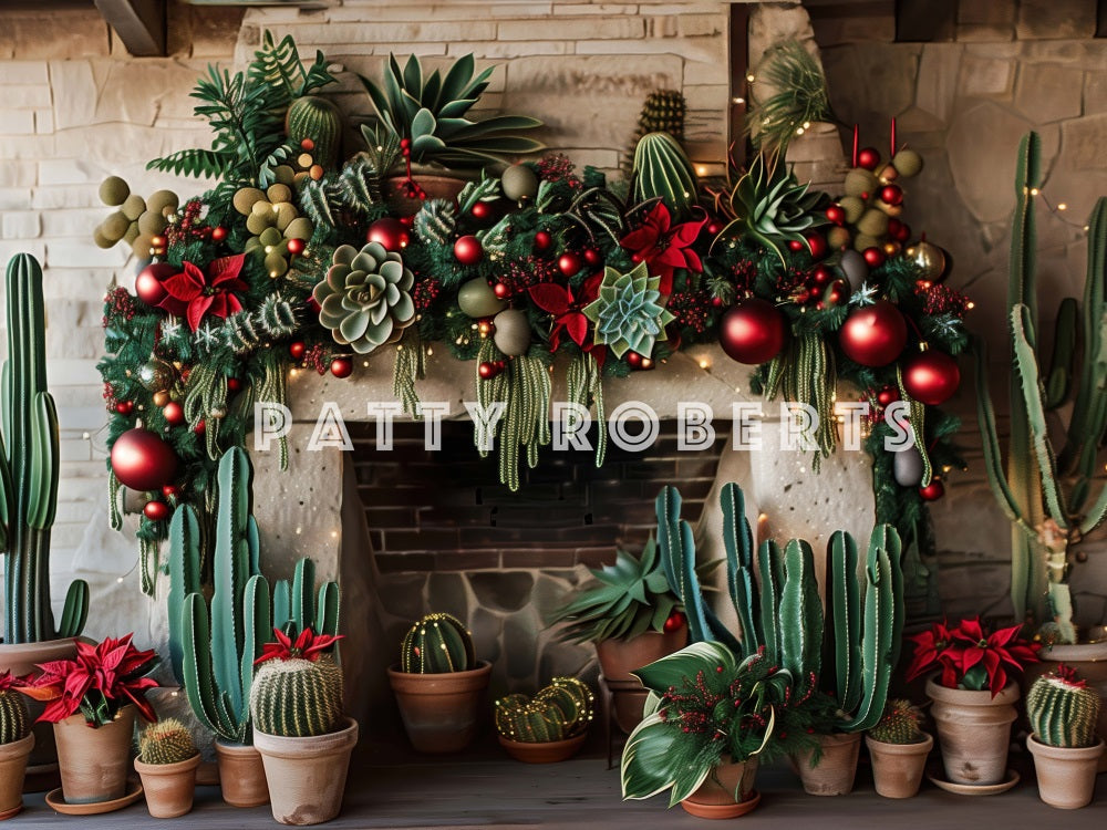 Kate Christmas Backdrop Wild West Green Cactus Brick Fireplace Designed by Patty Robert