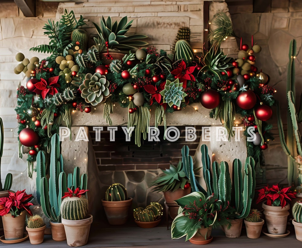 Kate Christmas Backdrop Wild West Green Cactus Brick Fireplace Designed by Patty Robert