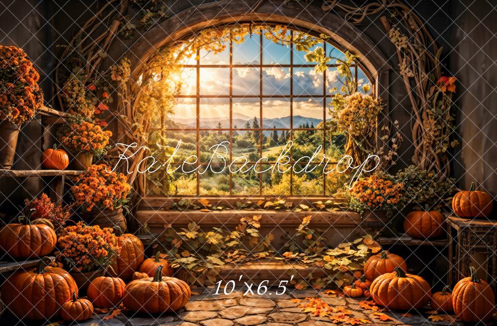 Kate Autumn Flowers Pumpkin Window Backdrop Designed by Emetselch