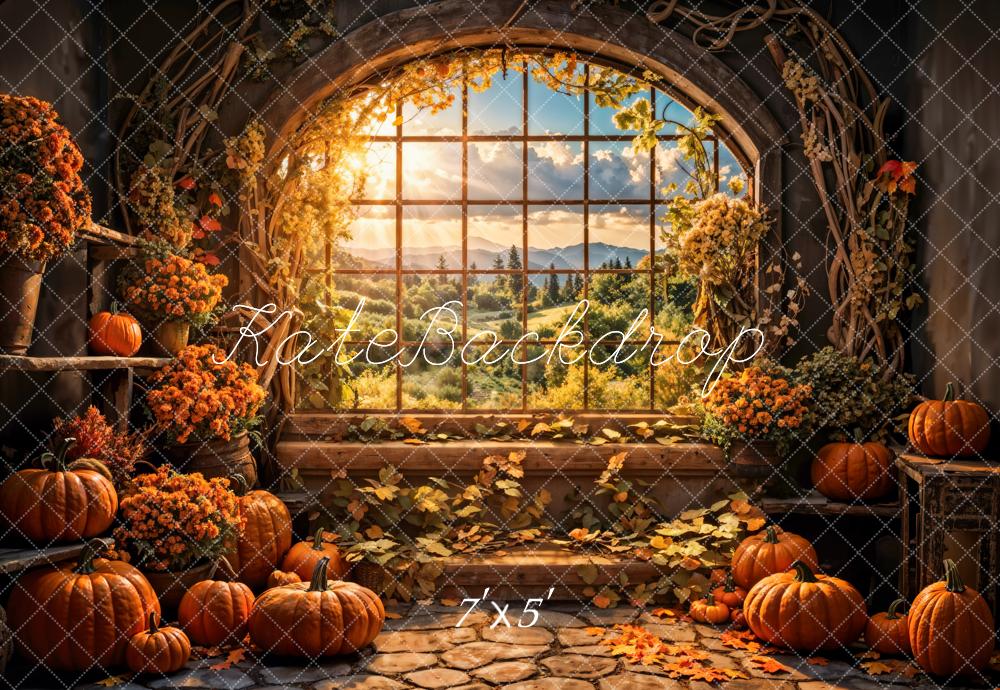 Kate Autumn Flowers Pumpkin Window Backdrop Designed by Emetselch