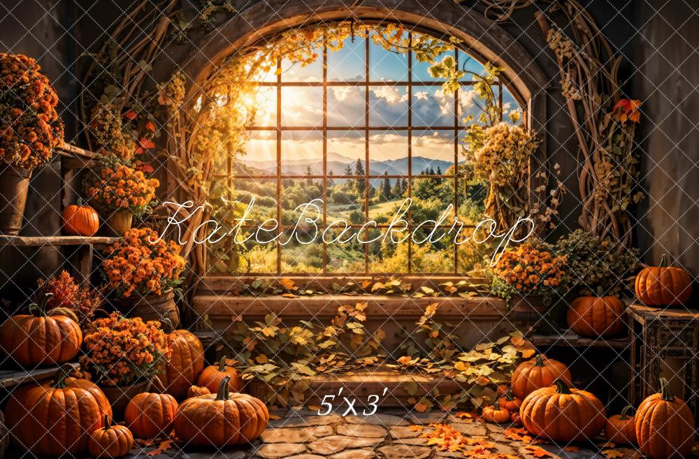 Kate Autumn Flowers Pumpkin Window Backdrop Designed by Emetselch