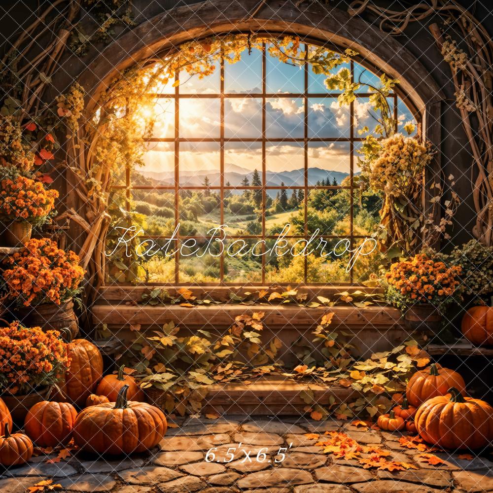 Kate Autumn Flowers Pumpkin Window Backdrop Designed by Emetselch