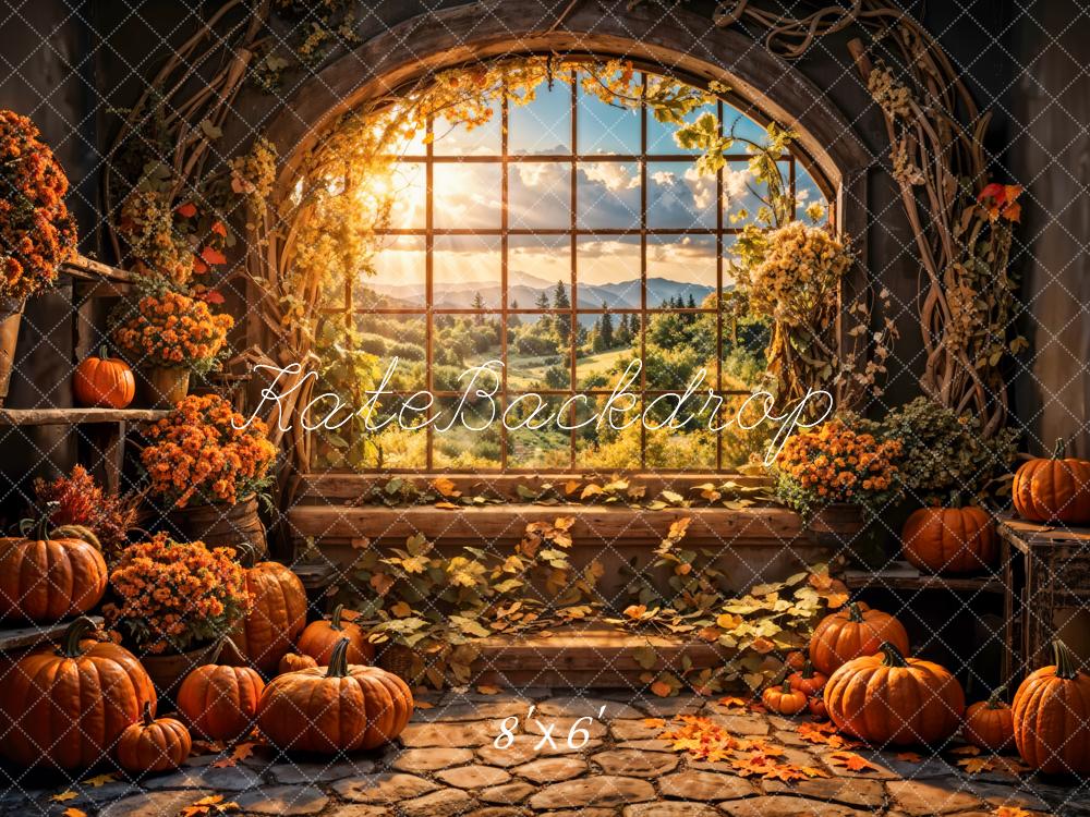 Kate Autumn Flowers Pumpkin Window Backdrop Designed by Emetselch