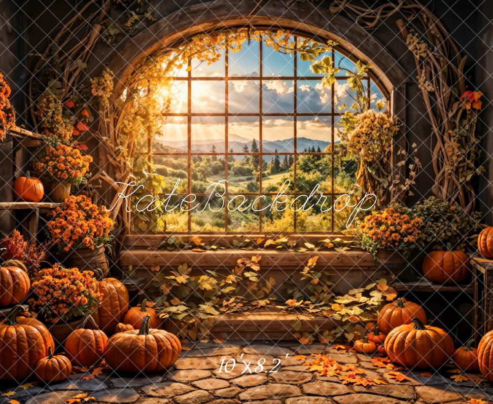 Kate Autumn Flowers Pumpkin Window Backdrop Designed by Emetselch