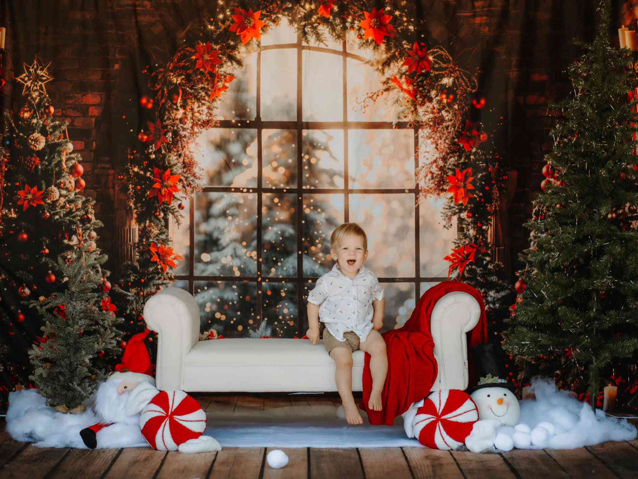 Kate Indoor Christmas Tree Arched Window Brick Wall Backdrop for Photography