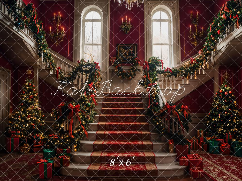 Kate Christmas Tree Red Retro Grand Staircase Backdrop Designed by Emetselch