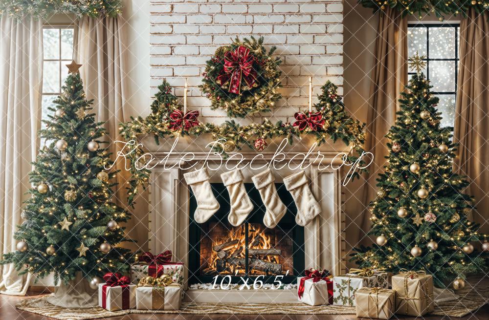 Lightning Deals-1 Kate White Brick Wall Christmas Tree Fireplace Backdrop Designed by Emetselch