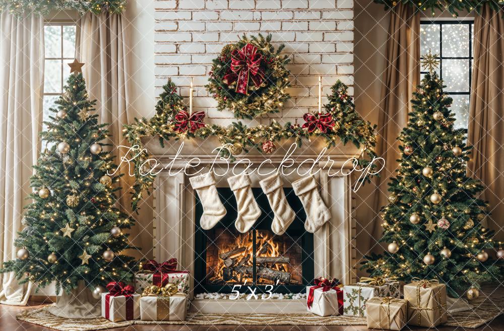 Lightning Deals-1 Kate White Brick Wall Christmas Tree Fireplace Backdrop Designed by Emetselch