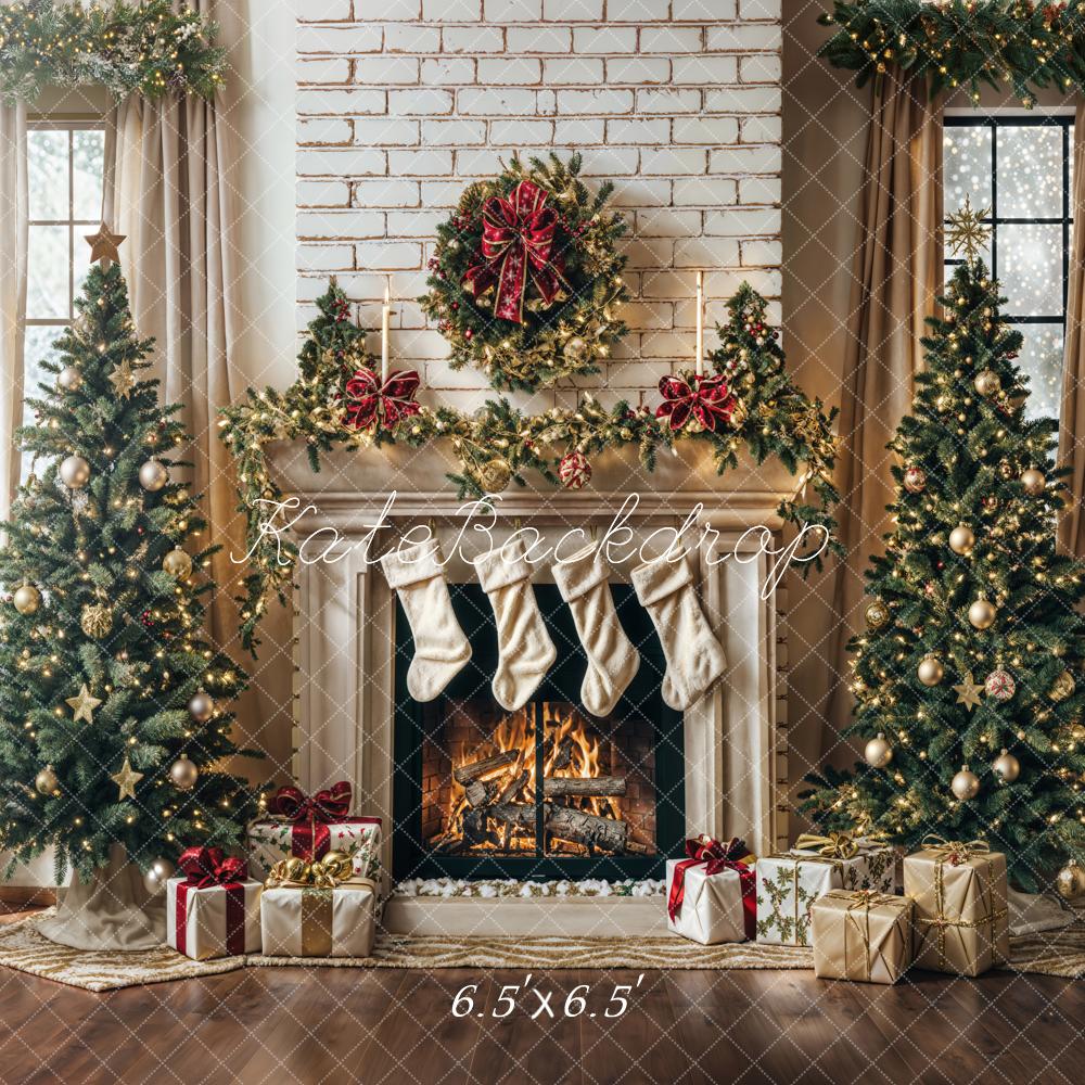 Lightning Deals-1 Kate White Brick Wall Christmas Tree Fireplace Backdrop Designed by Emetselch