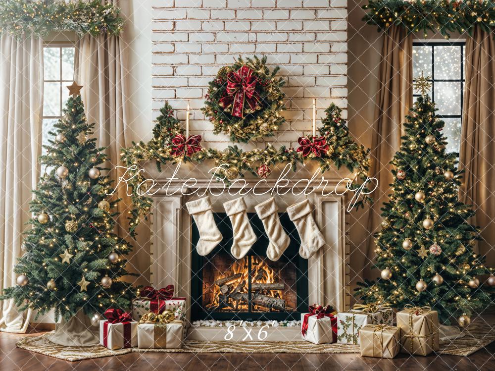 Lightning Deals-1 Kate White Brick Wall Christmas Tree Fireplace Backdrop Designed by Emetselch