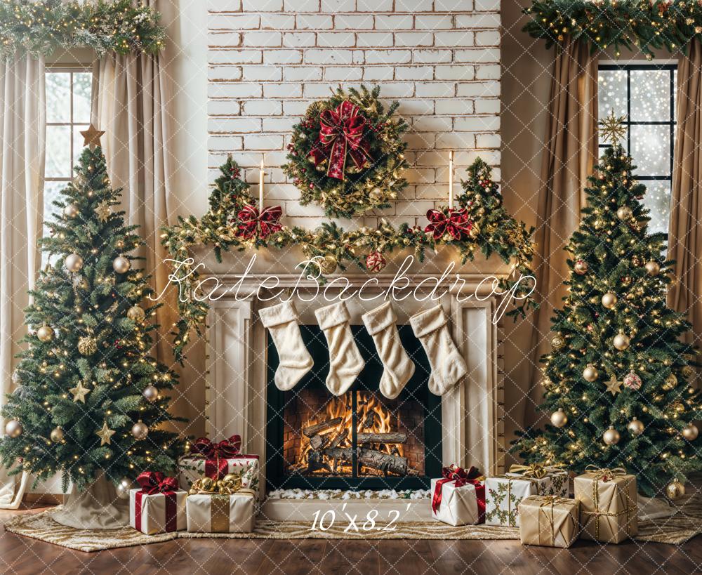 Lightning Deals-1 Kate White Brick Wall Christmas Tree Fireplace Backdrop Designed by Emetselch