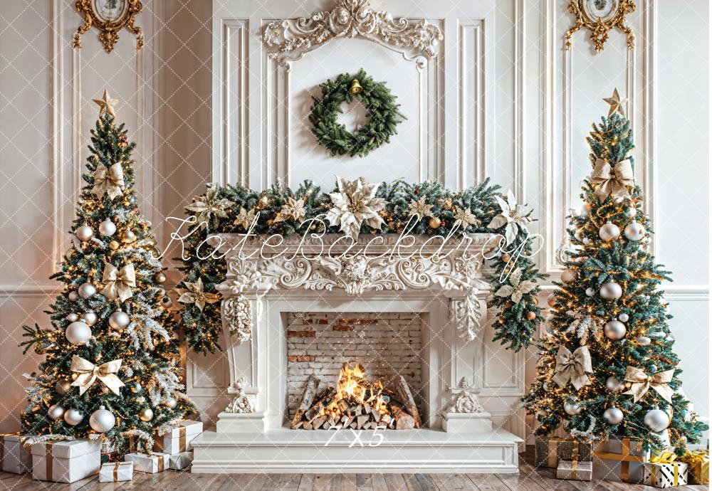 Kate Christmas Tree White Fireplace Wreath Backdrop Designed by Emetselch