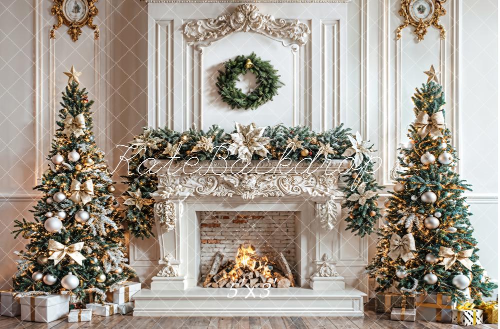 Kate Christmas Tree White Fireplace Wreath Backdrop Designed by Emetselch