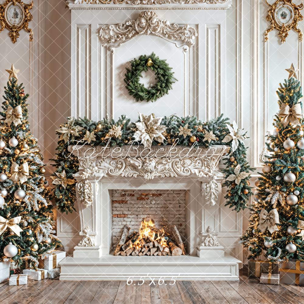 Kate Christmas Tree White Fireplace Wreath Backdrop Designed by Emetselch