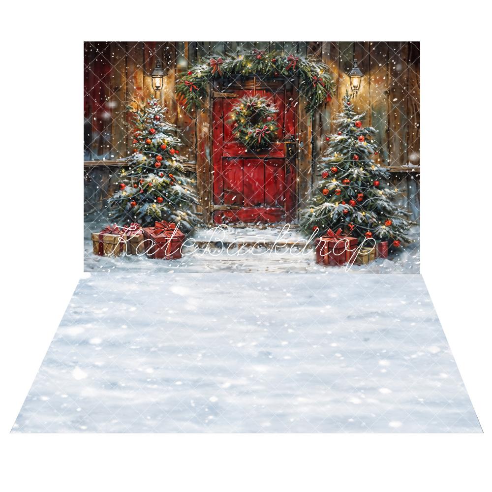 Kate Winter Christmas Red Door Backdrop+White Snow Floor Backdrop