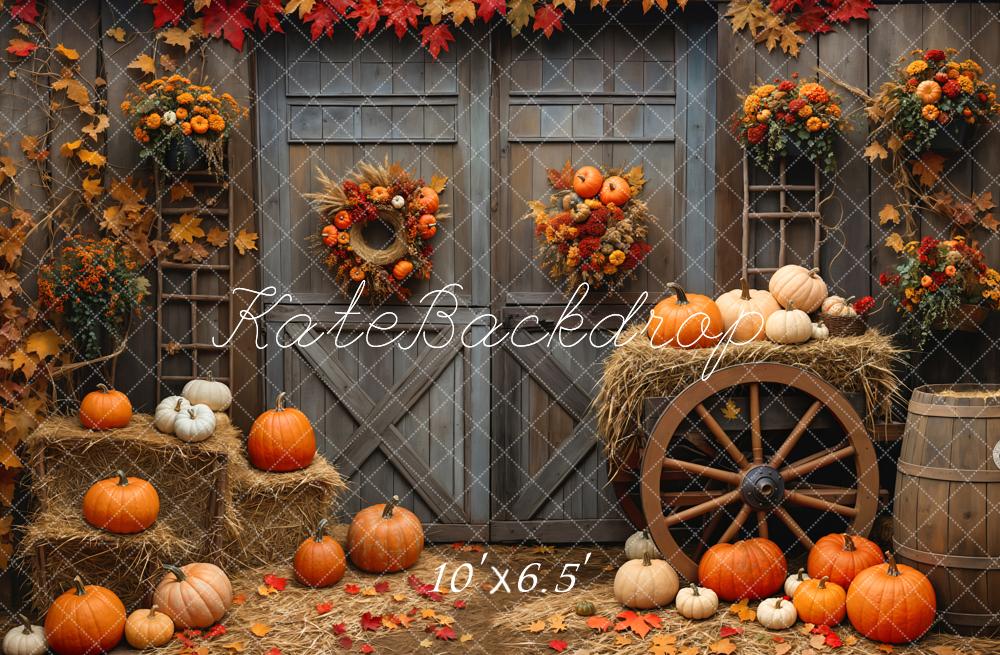 Kate Fall Barn Wood Door Pumpkin Backdrop Designed by Emetselch