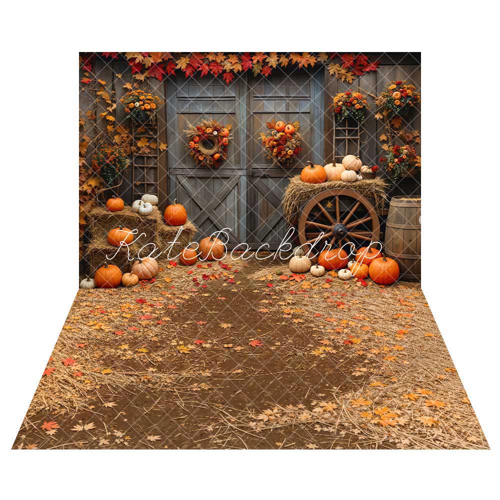 Kate Fall Barn Door Maple Pumpkin Backdrop+Fallen Leaves Path Floor Backdrop