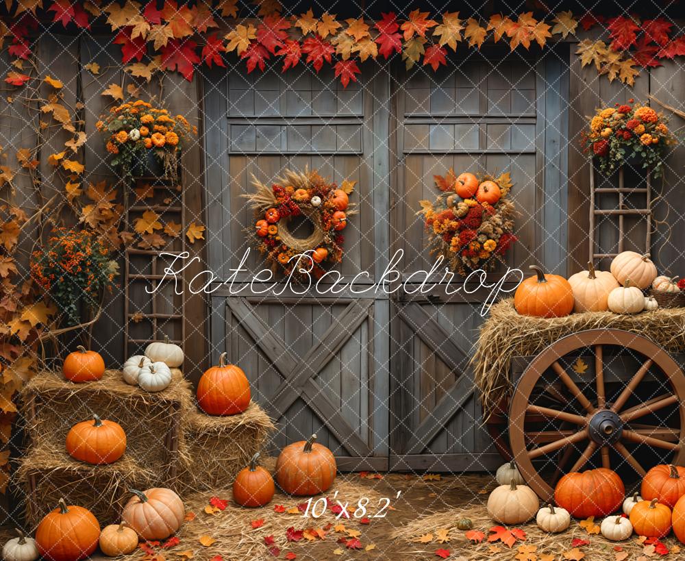 Kate Fall Barn Wood Door Pumpkin Backdrop Designed by Emetselch