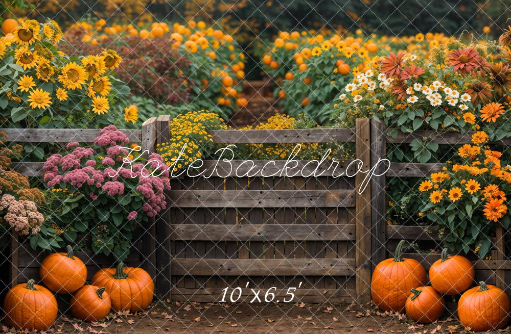 Kate Autumn Flowers Sunflowers Wooden Fence Backdrop Designed by Emetselch