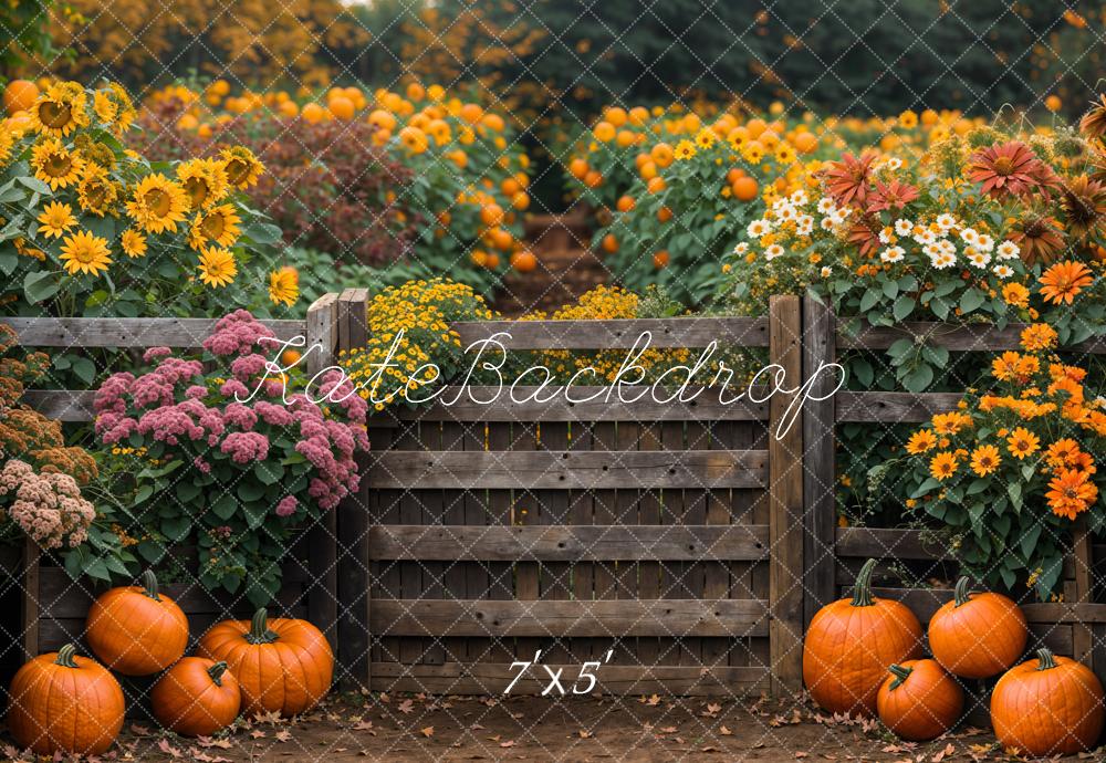 Kate Autumn Flowers Sunflowers Wooden Fence Backdrop Designed by Emetselch