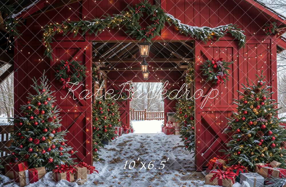 Kate Winter Red Log House Christmas Tree Backdrop Designed by Emetselch