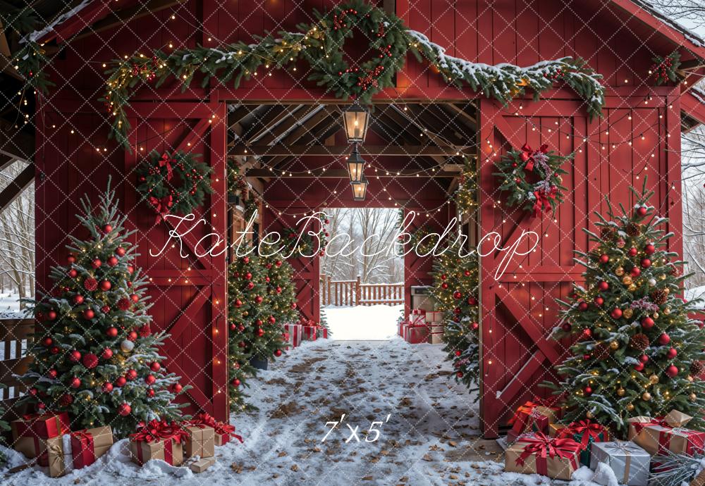 Kate Winter Red Log House Christmas Tree Backdrop Designed by Emetselch