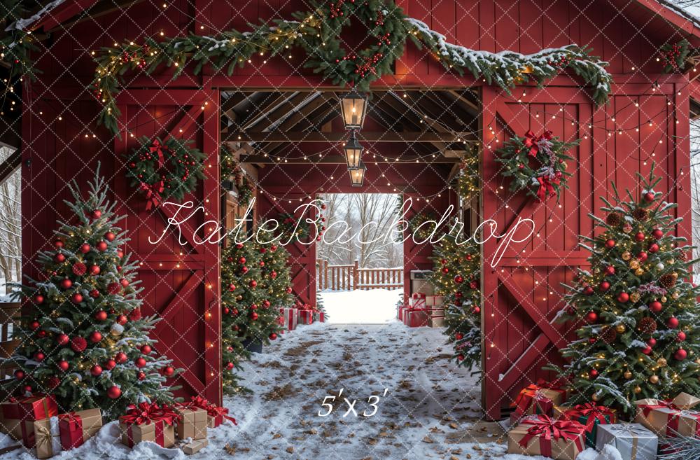 Kate Winter Red Log House Christmas Tree Backdrop Designed by Emetselch