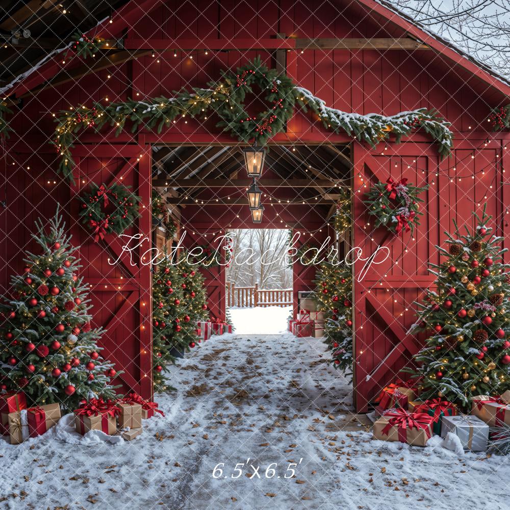 Kate Winter Red Log House Christmas Tree Backdrop Designed by Emetselch