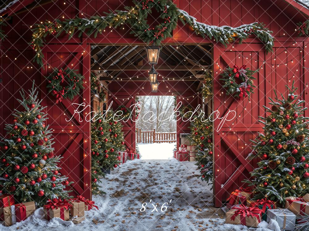 Kate Winter Red Log House Christmas Tree Backdrop Designed by Emetselch