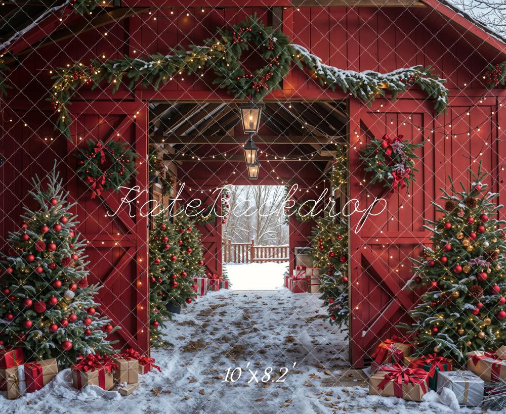 Kate Winter Red Log House Christmas Tree Backdrop Designed by Emetselch