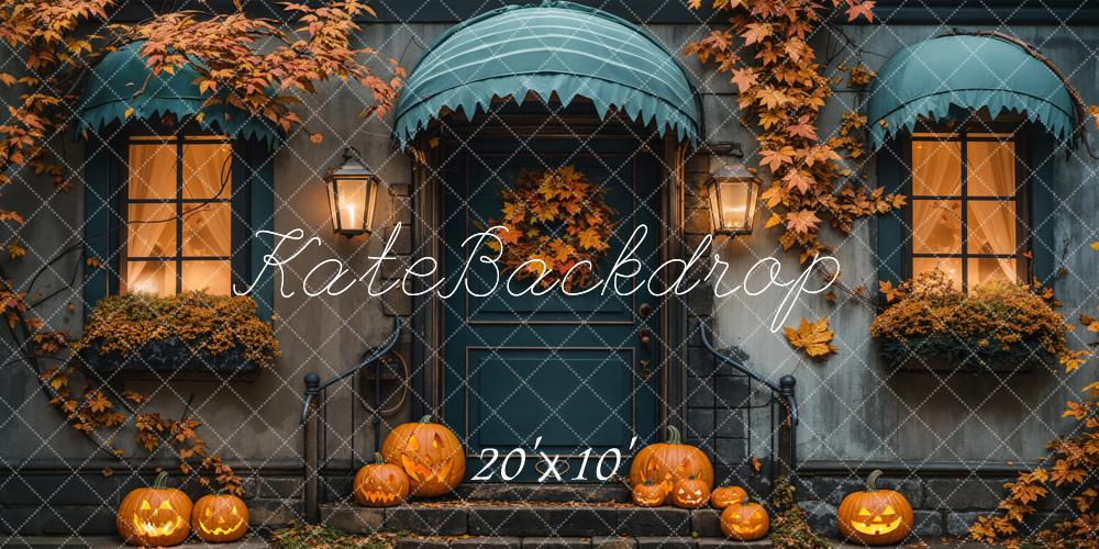 Kate Fall Halloween Maple Leaf Blue House Backdrop Designed by Emetselch