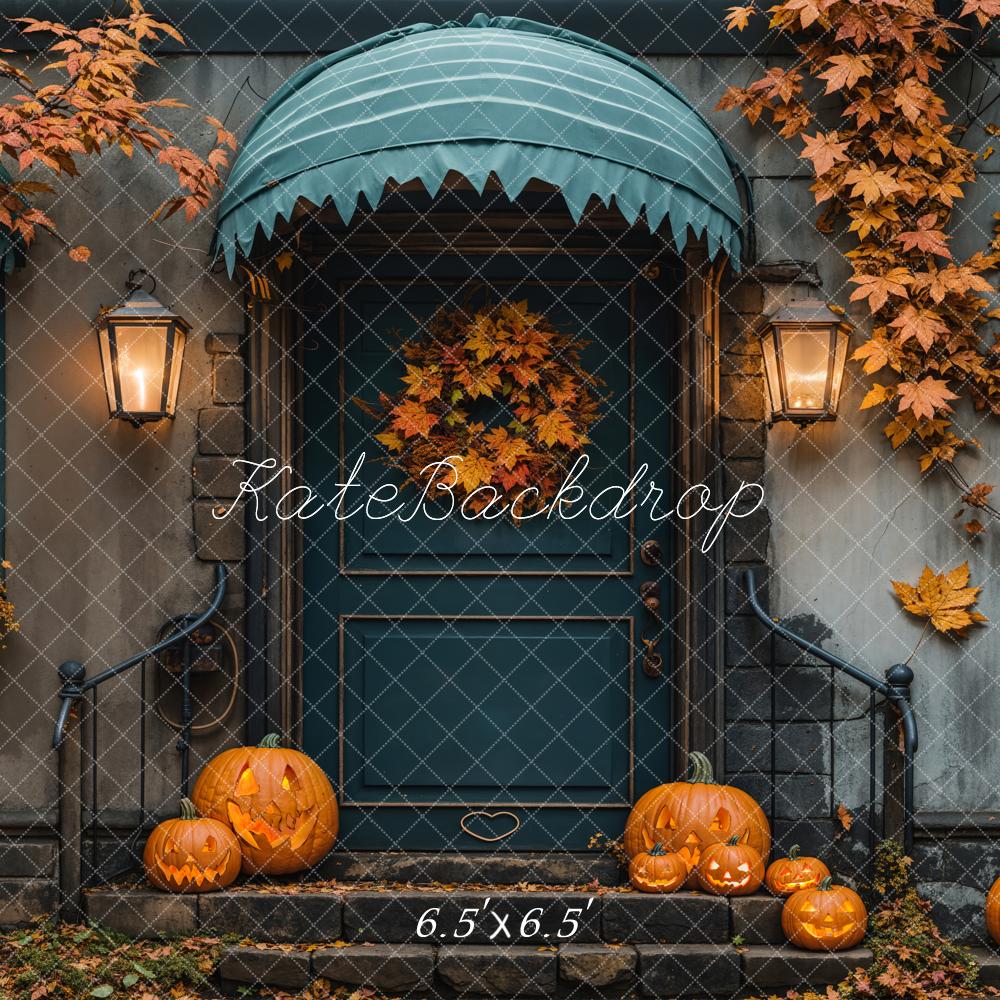 Kate Fall Halloween Maple Leaf Blue House Backdrop Designed by Emetselch