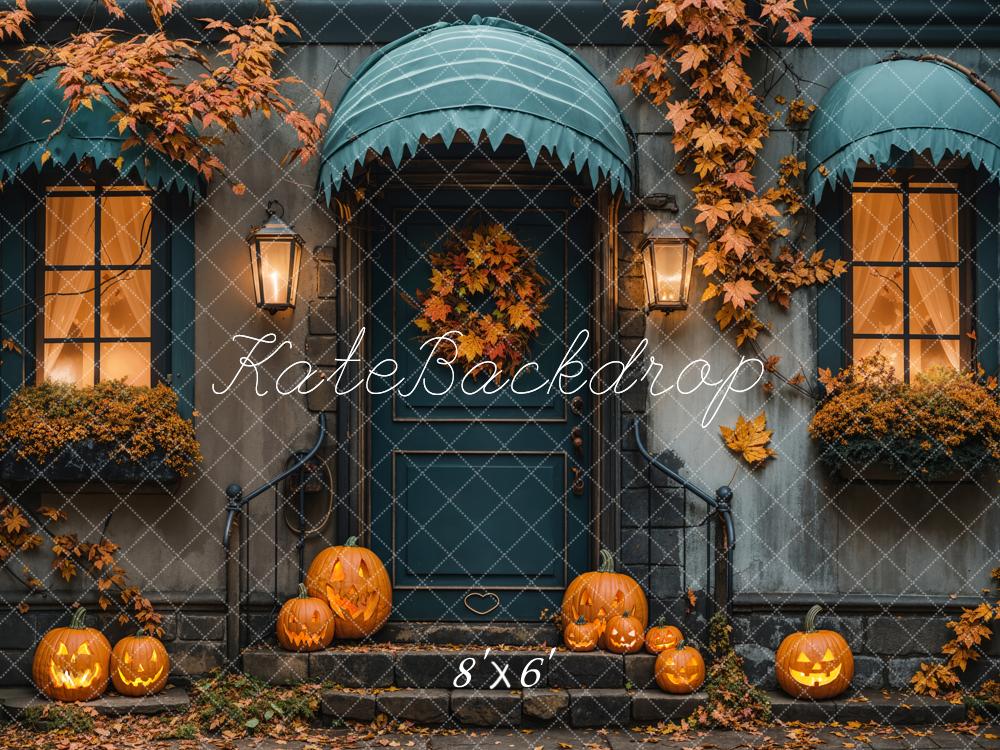 Kate Fall Halloween Maple Leaf Blue House Backdrop Designed by Emetselch