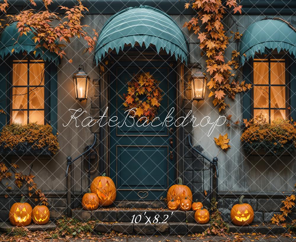 Kate Fall Halloween Maple Leaf Blue House Backdrop Designed by Emetselch