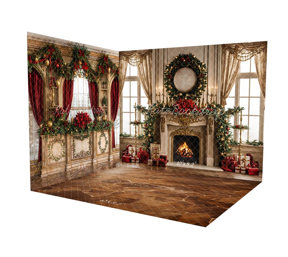 Kate Christmas Fireplace Retro Curtain Window Wreath Room Set