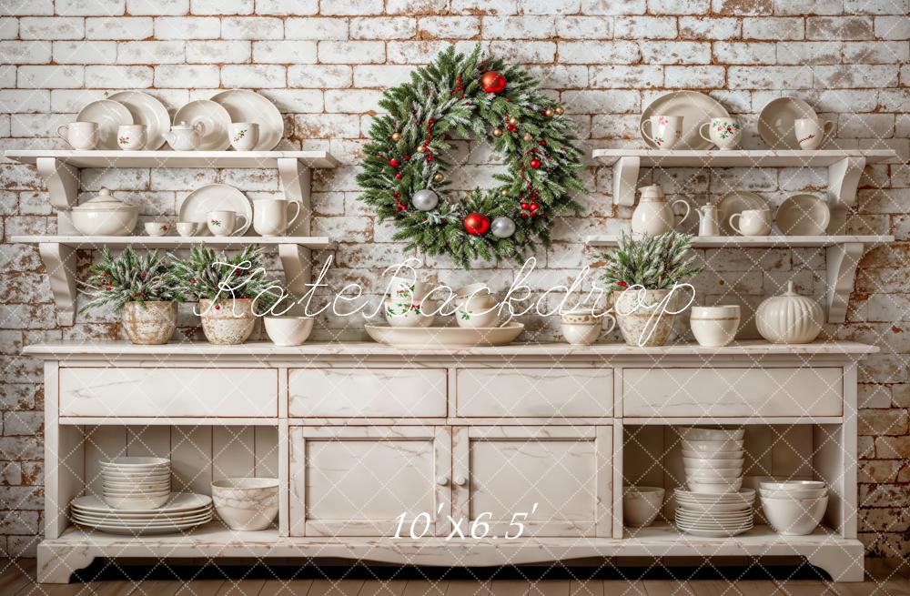 Kate Christmas Backdrop White Cabinet Brick Wall Wreath Designed by Emetselch