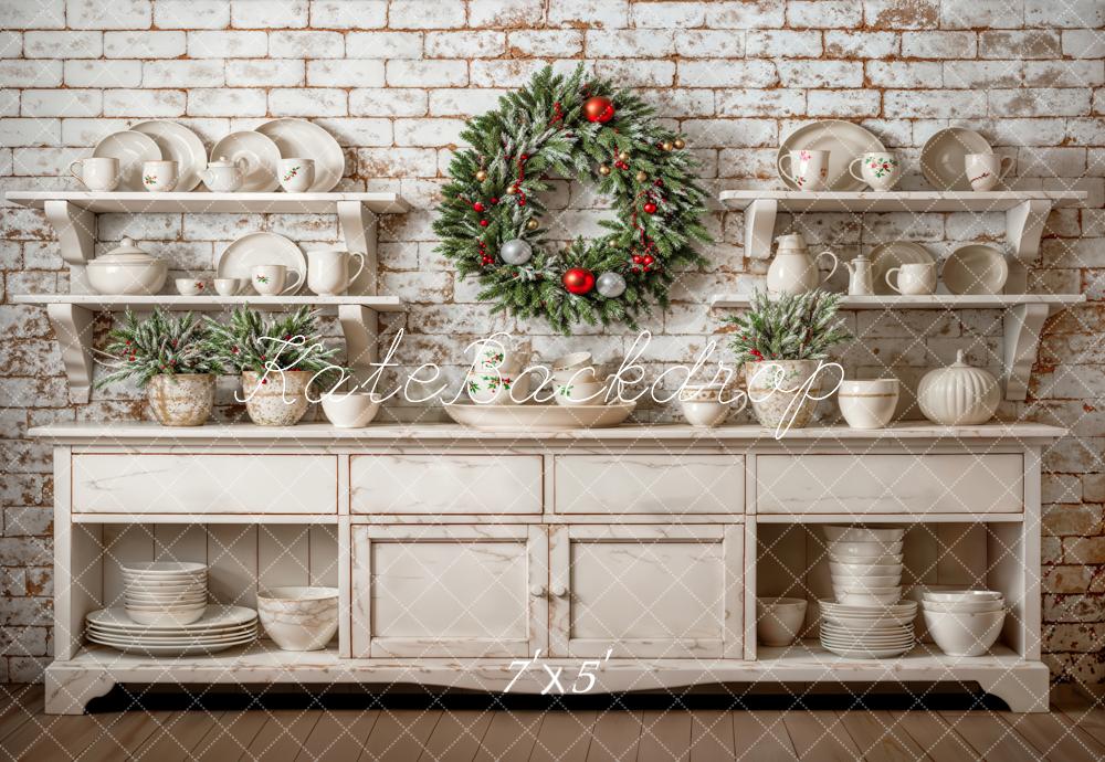 Kate Christmas Backdrop White Cabinet Brick Wall Wreath Designed by Emetselch