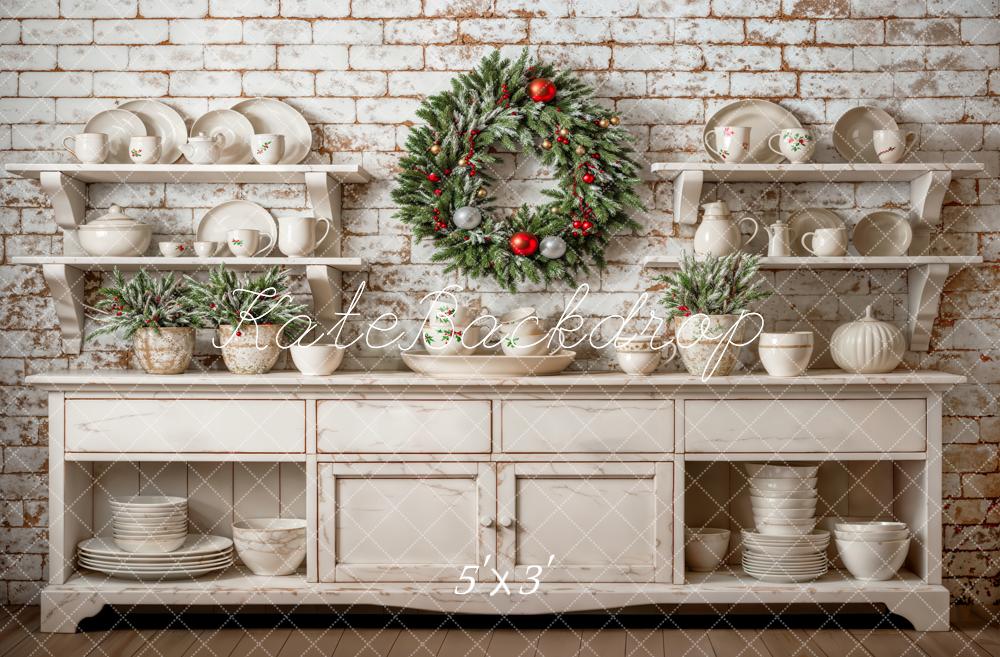 Kate Christmas Backdrop White Cabinet Brick Wall Wreath Designed by Emetselch