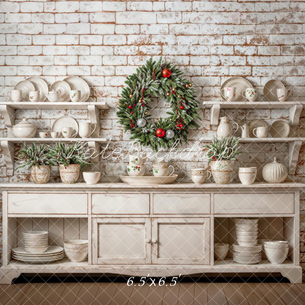 Kate Christmas Backdrop White Cabinet Brick Wall Wreath Designed by Emetselch