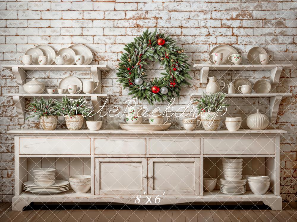 Kate Christmas Backdrop White Cabinet Brick Wall Wreath Designed by Emetselch