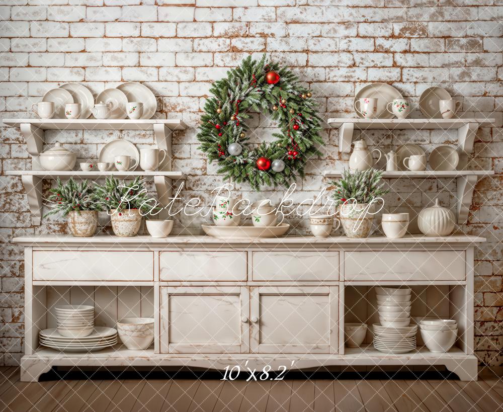 Kate Christmas Backdrop White Cabinet Brick Wall Wreath Designed by Emetselch