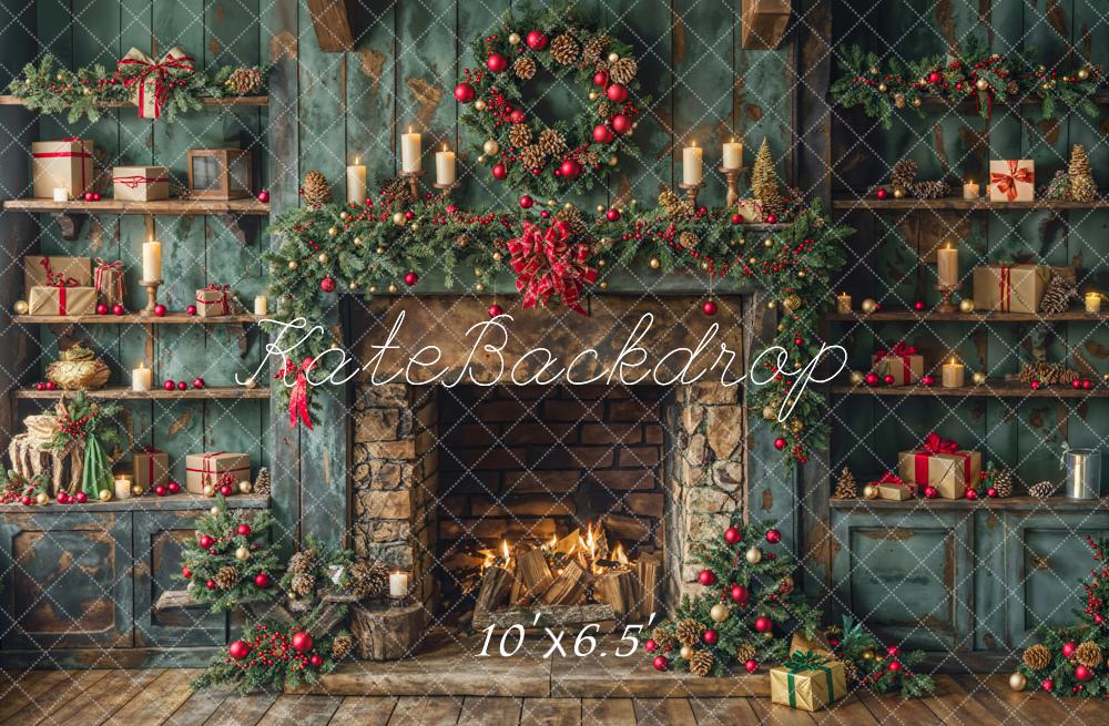 Kate Christmas Green Fireplace Backdrop Designed by Emetselch