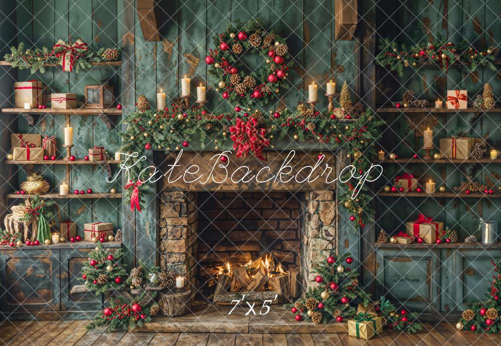 Kate Christmas Green Fireplace Backdrop Designed by Emetselch