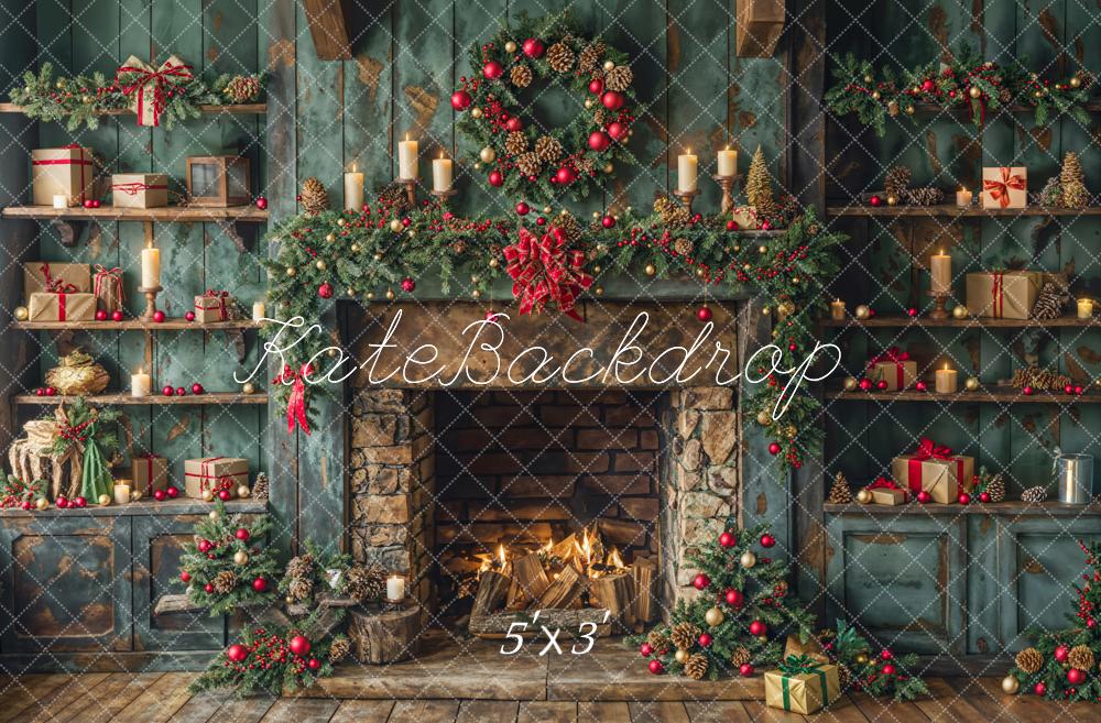 Kate Christmas Green Fireplace Backdrop Designed by Emetselch