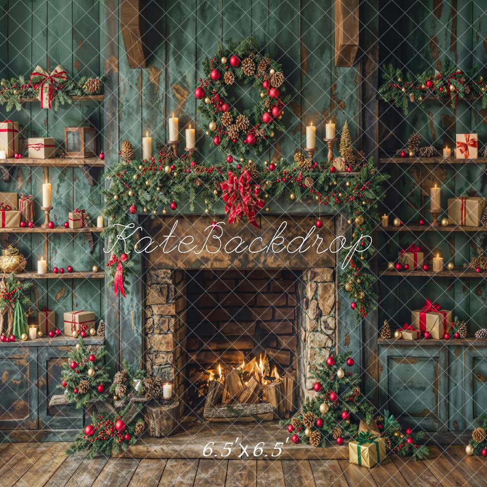 Kate Christmas Green Fireplace Backdrop Designed by Emetselch