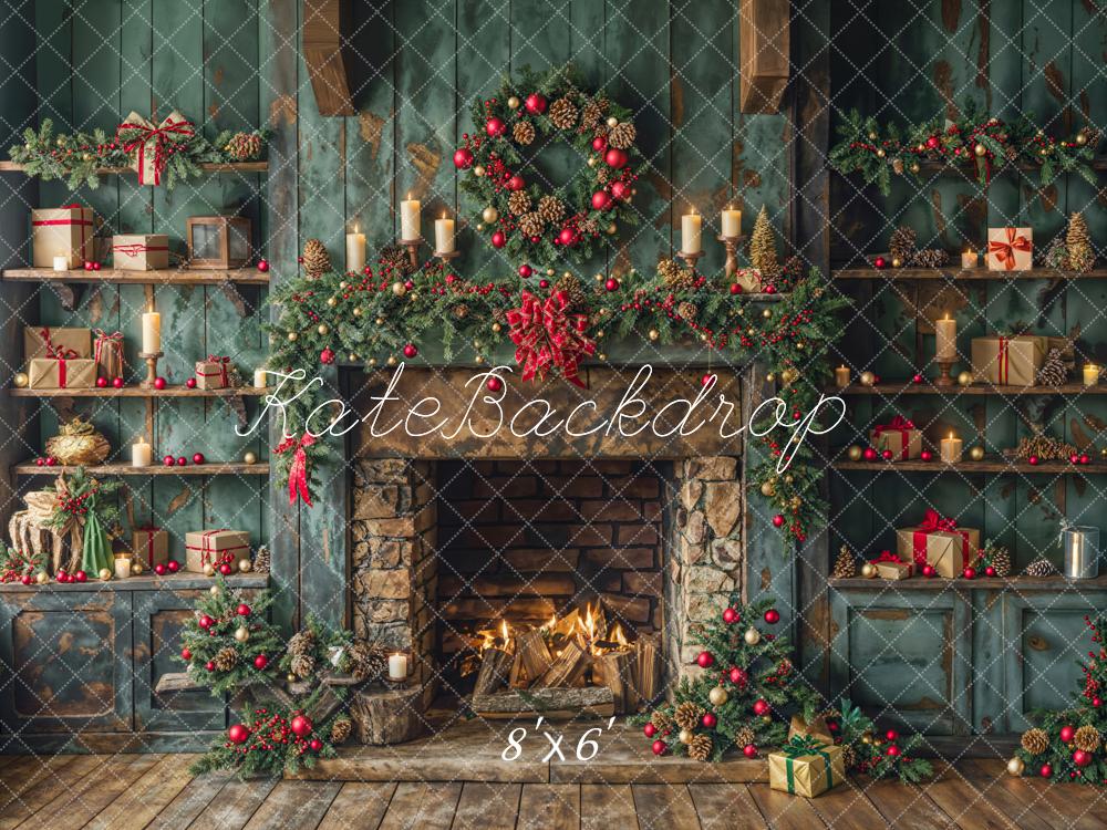 Kate Christmas Green Fireplace Backdrop Designed by Emetselch