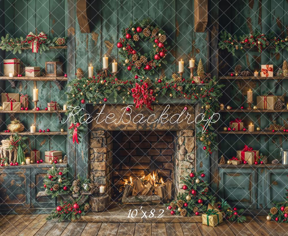 Kate Christmas Green Fireplace Backdrop Designed by Emetselch