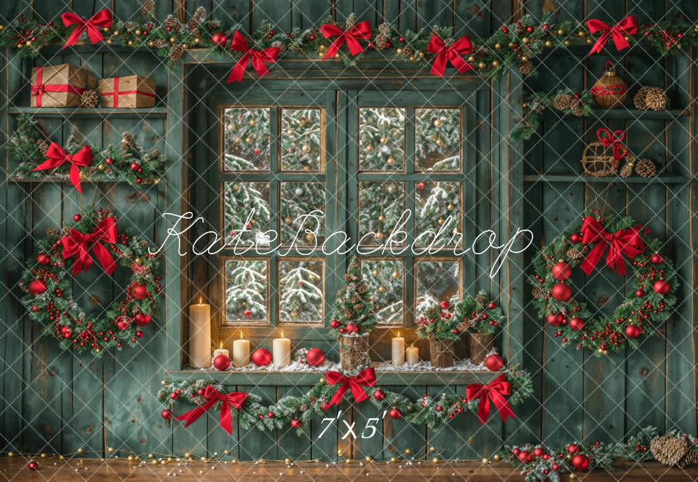 Kate Christmas Green Aged Wood Wall Window Backdrop Designed by Emetselch